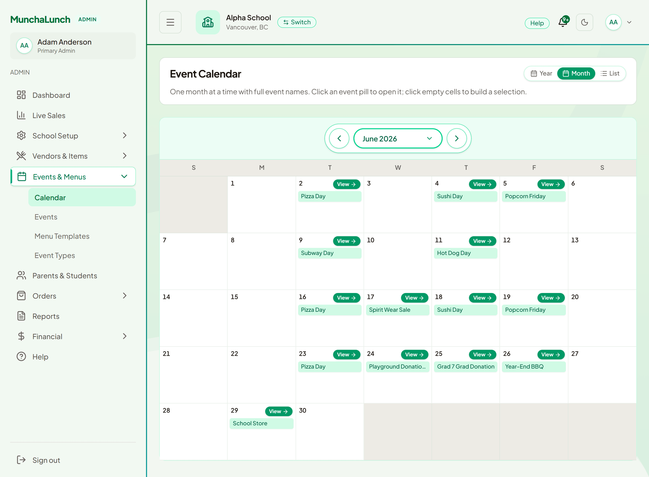 The MunchaLunch admin event calendar showing a full school month of events — Pizza Day, Sushi Day, Popcorn Friday, Subway Day, Hot Dog Day, a Spirit Wear Sale, two donation drives, a year-end BBQ and a school store day — each with a link to open it.