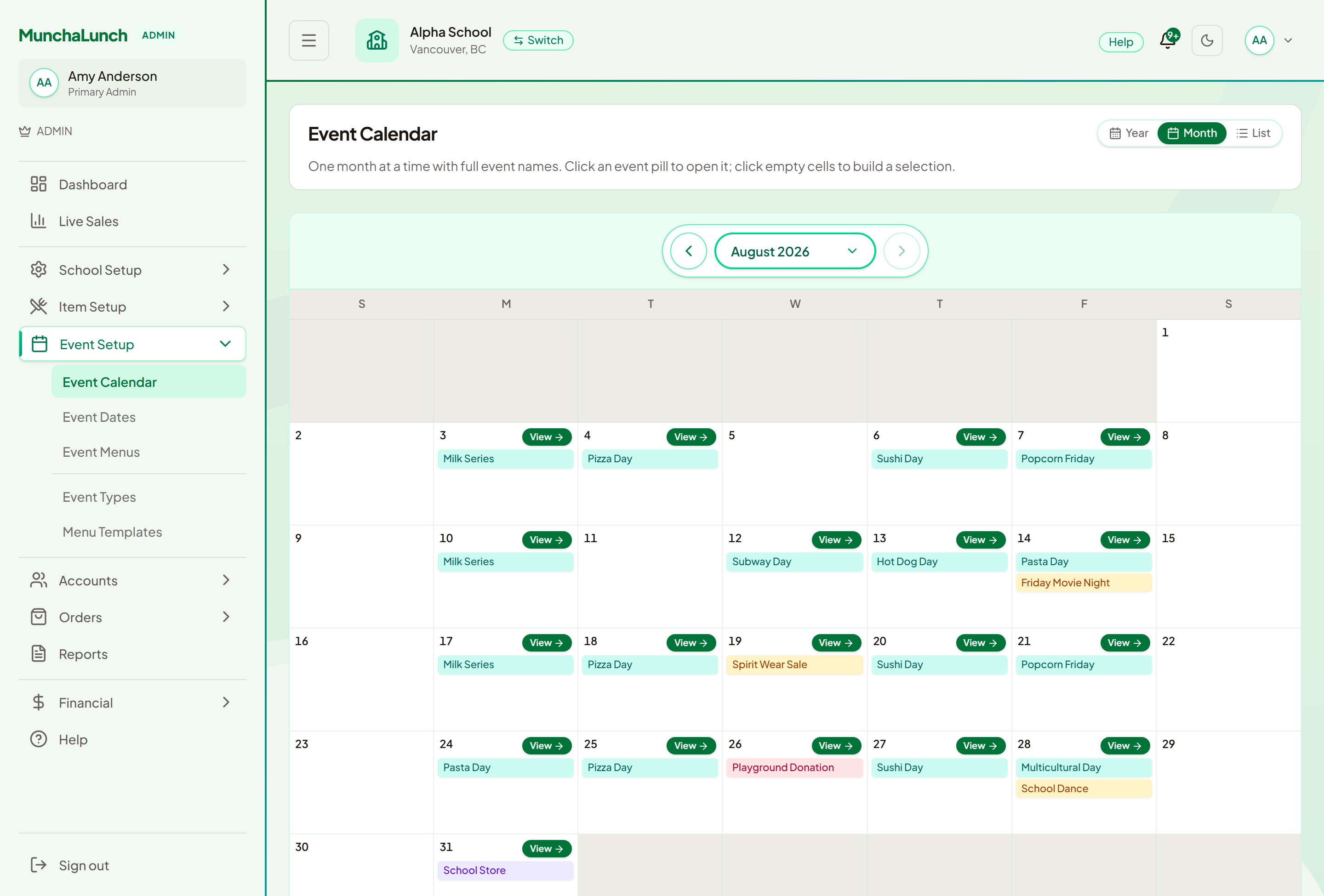 The MunchaLunch admin event calendar showing a full school month of events, colour-coded by type — teal lunch days (Milk Series Mondays, Pizza, Sushi, Popcorn Fridays, Subway, Hot Dog, Pasta), amber fundraisers (a Friday Movie Night sharing its day with a pasta lunch, a Spirit Wear Sale, a School Dance after Multicultural Day), a pink Playground Donation drive and a purple School Store day — each with a link to open it.