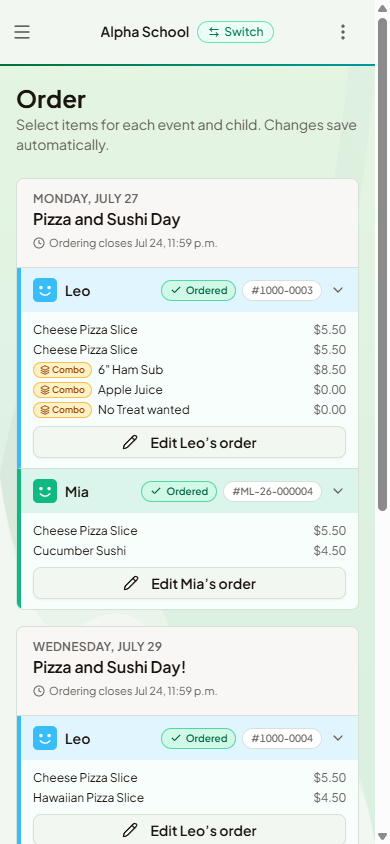 A parent ordering lunch for their child in the MunchaLunch app