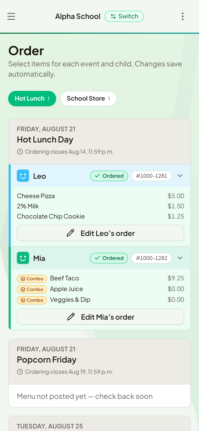 A parent ordering lunch for their child in the MunchaLunch app
