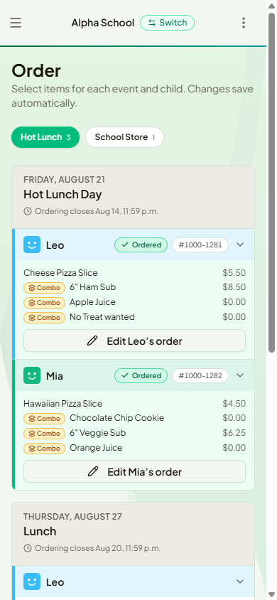 A parent ordering lunch for their child in the MunchaLunch app