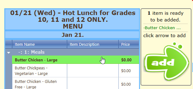 Menu selection with Add button